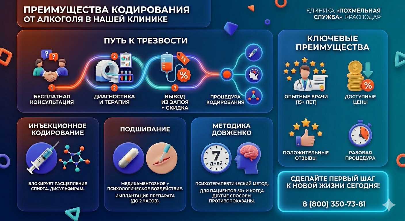 Инфографика о методах кодирования от алкоголя в Тбилисской: инъекции, подшивание, метод Довженко. Преимущества клиники и этапы лечения.