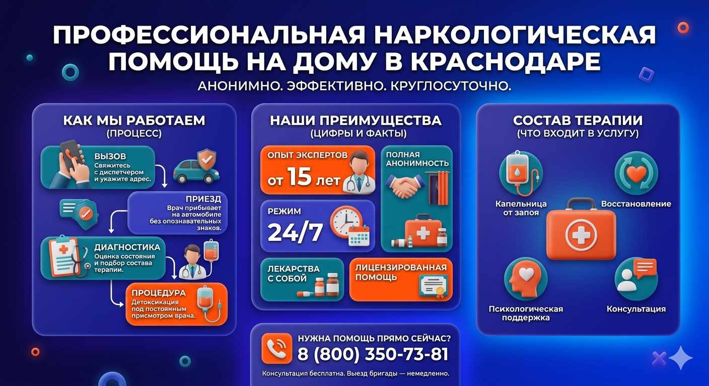 Инфографика о принципах лечения алкоголизма на дому в Тбилисской: этапы вызова нарколога, преимущества анонимной детоксикации и состав медицинской помощи.